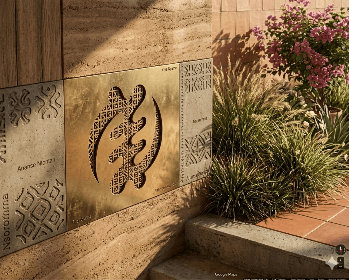 Concept render — Adinkra brass panels set into a warm stone garden wall