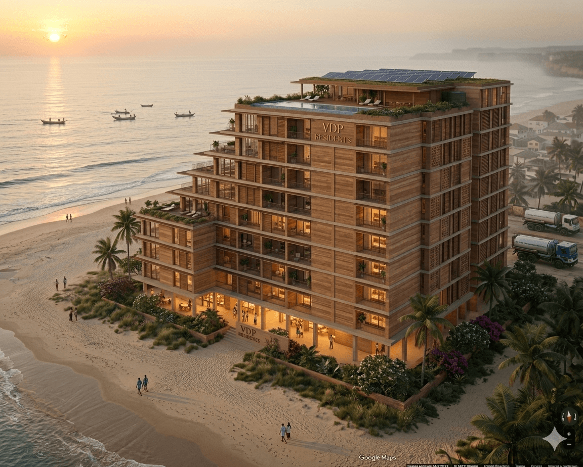 VDP Residence Beach House from the beach at dusk