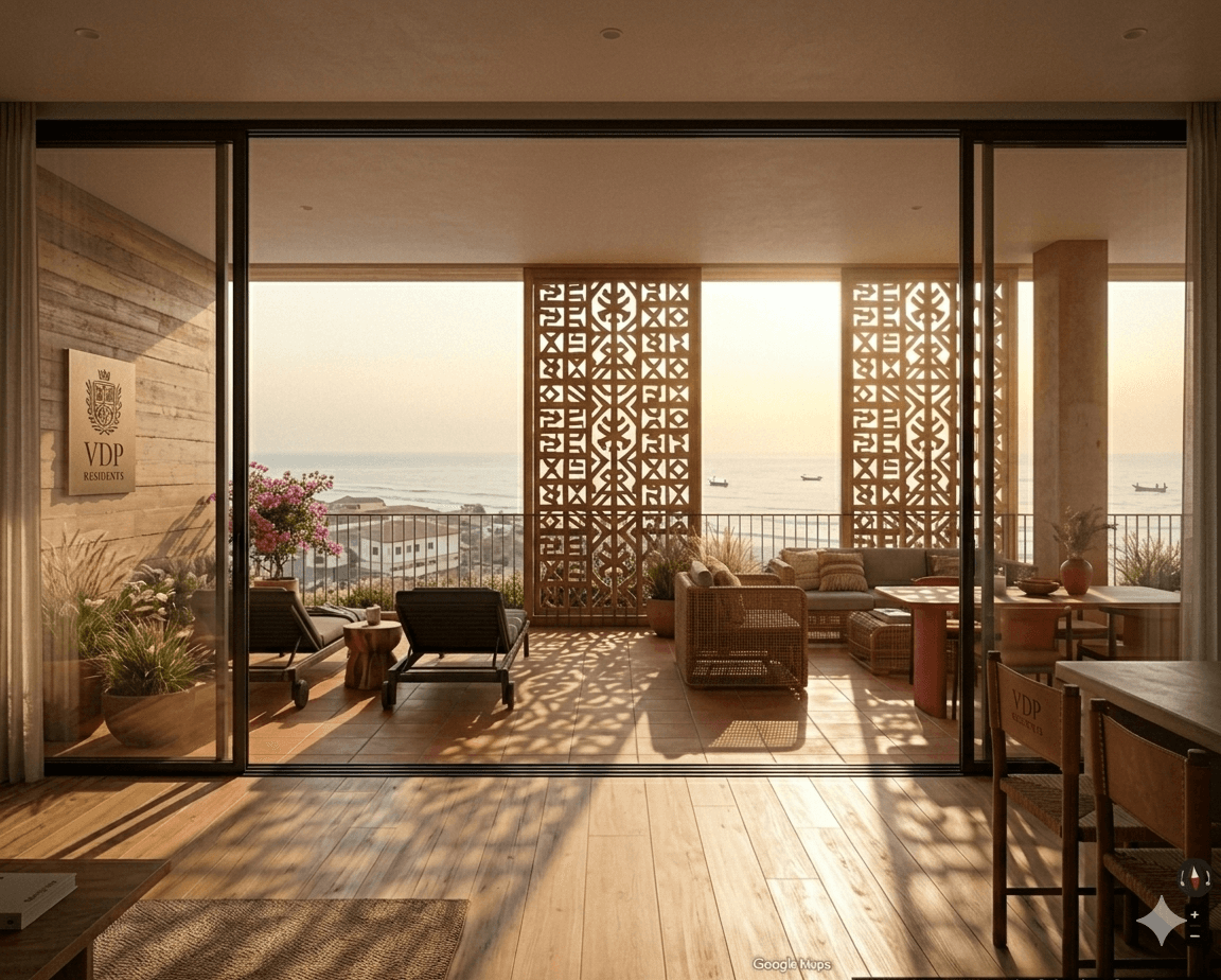 Concept render — interior of a residence with Adinkra-patterned sun screens on the terrace